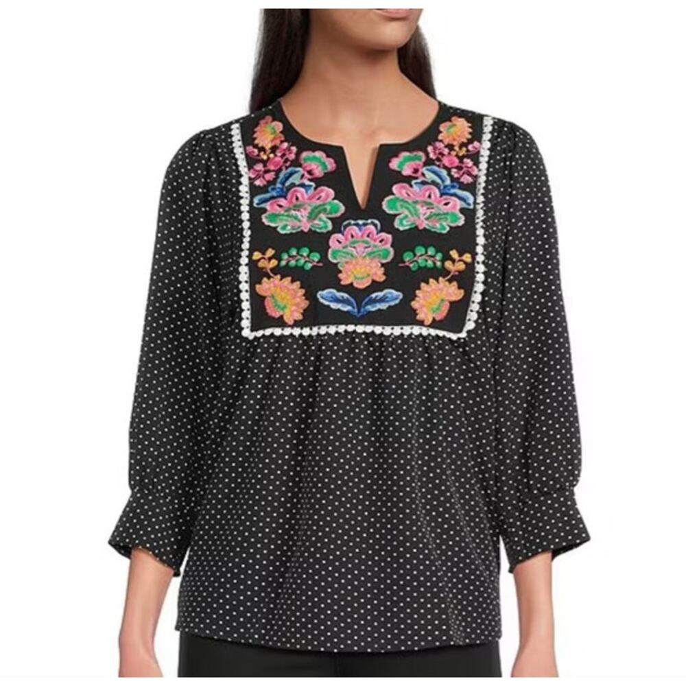 Savanna Jane Blouse 1X Black White Polka Dot Floral Embroidered Boho Office